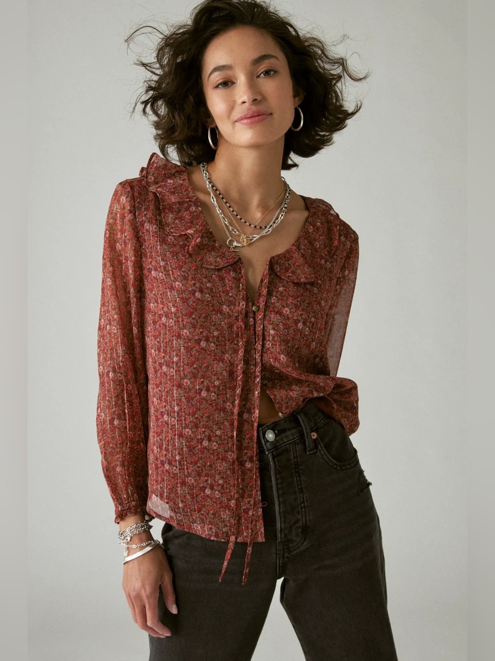 Lucky‎ Brand Printed Chiffon Blouse Burgundy Brown Floral size Small
